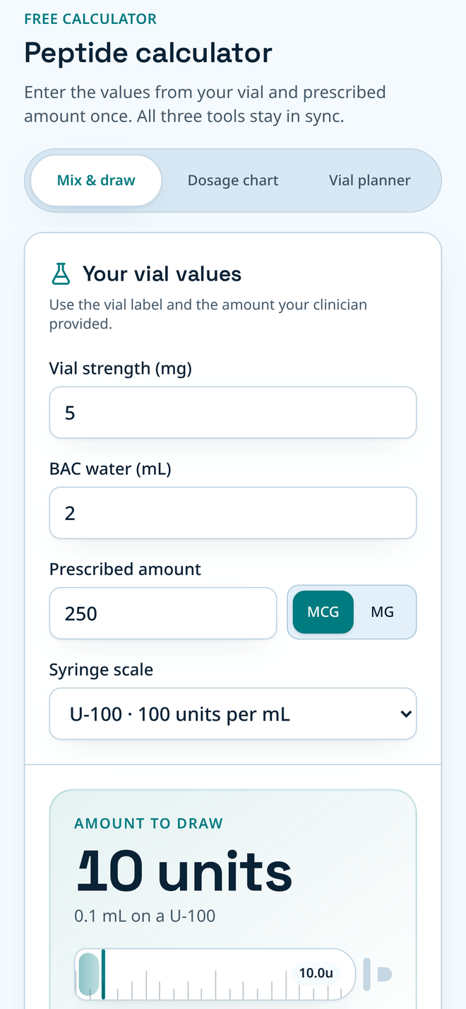 DoseRoutine peptide calculator with vial strength, BAC water and dose entered DoseRoutine peptide calculator with vial strength, BAC water and dose entered