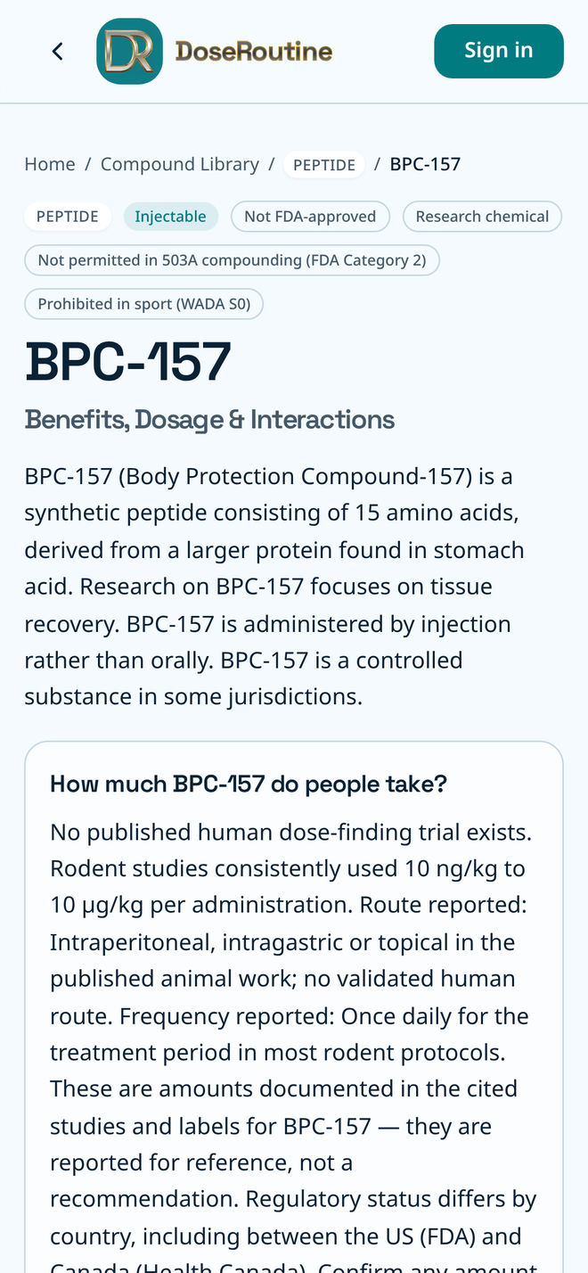 DoseRoutine compound library page for BPC-157 DoseRoutine compound library page for BPC-157